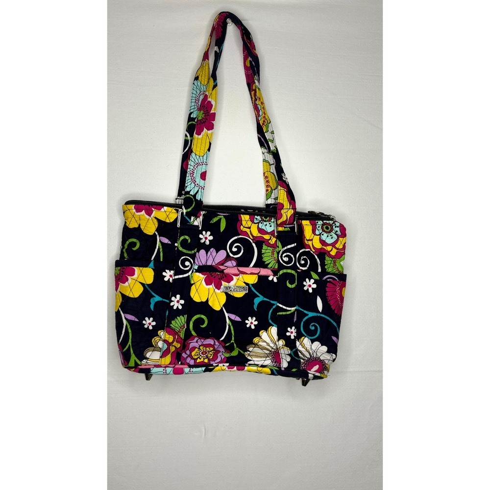 Bella Taylor Quilted Floral Handbag Navy Blue Multi Color Cotton Tote Bag